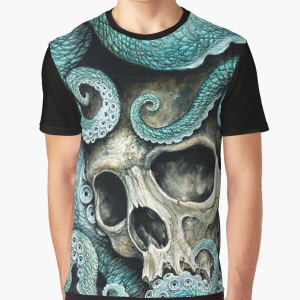 Graphic t-shirt featuring a skull and octopus design with the text "Please Love, Don't Die So Far from the Sea"