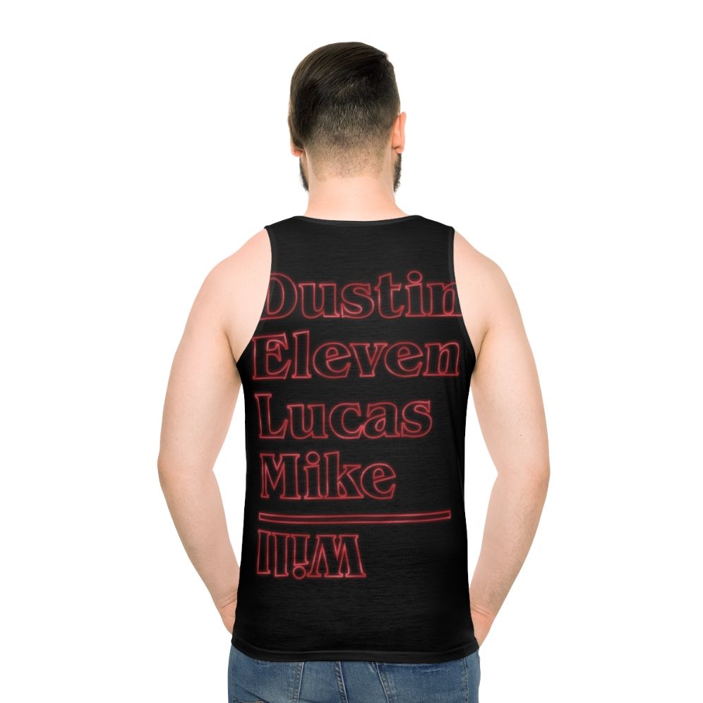 Unisex Stranger Things Retro 80s Tank Top with Dustin, Eleven, Lucas, and Mike Characters - men back