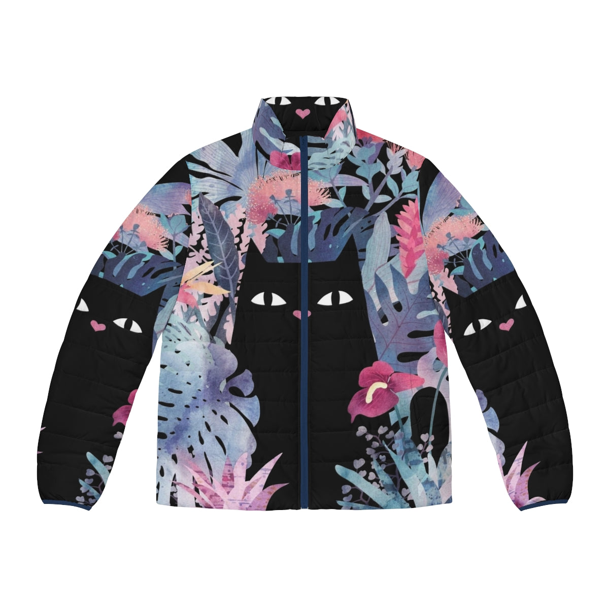 Pastel black velvet puffer jacket with tropical floral design featuring a black cat