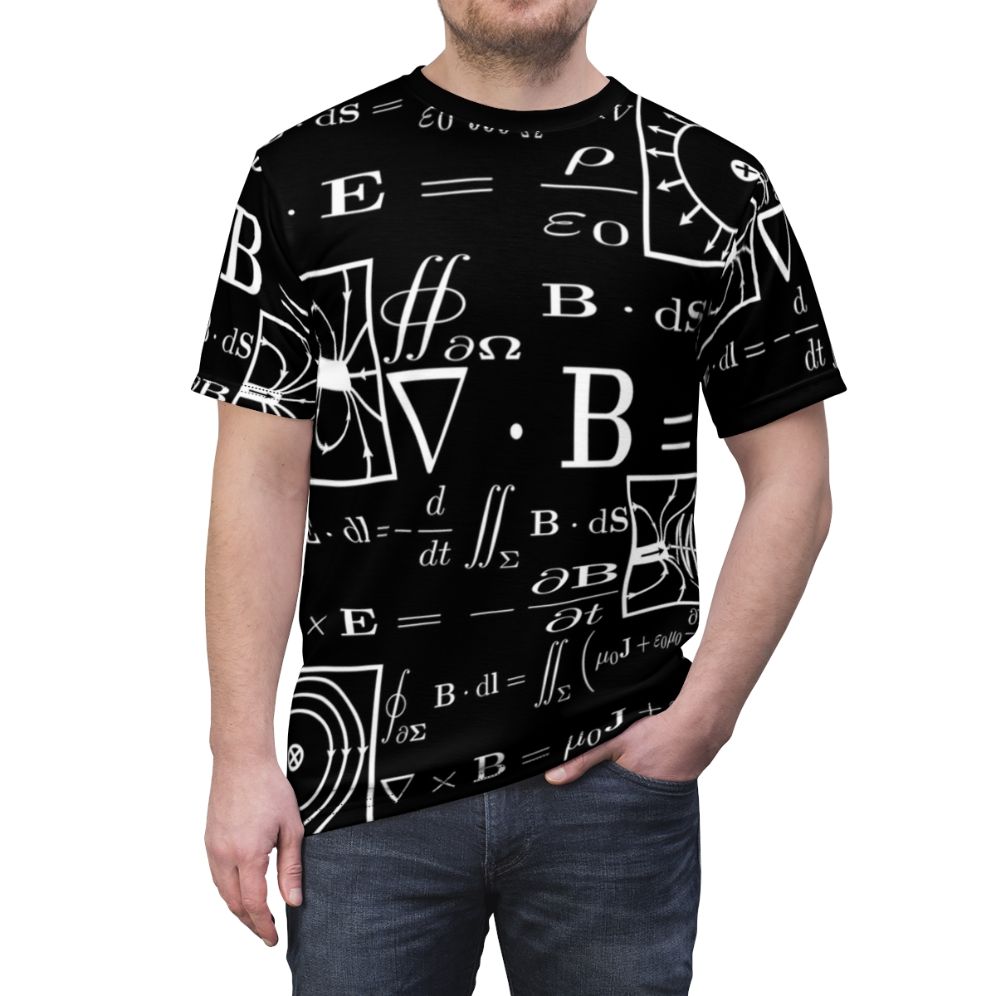 Maxwell's Equations science t-shirt featuring mathematical and physics icons - men front