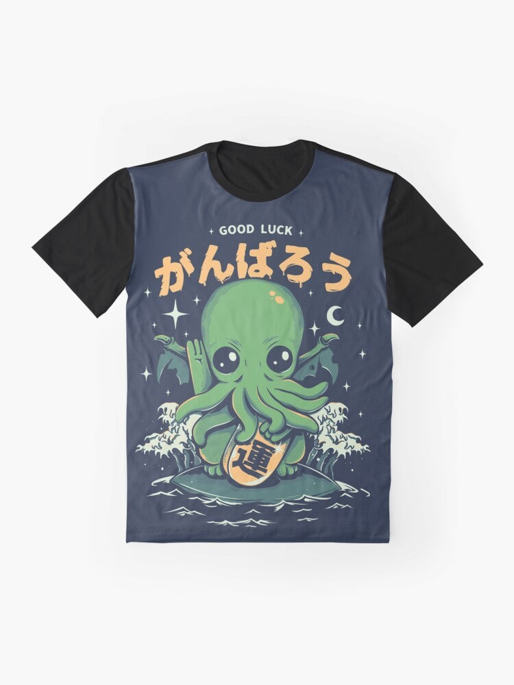 Lucky Cthulhu graphic design on a t-shirt, inspired by the works of H.P. Lovecraft - Flat lay