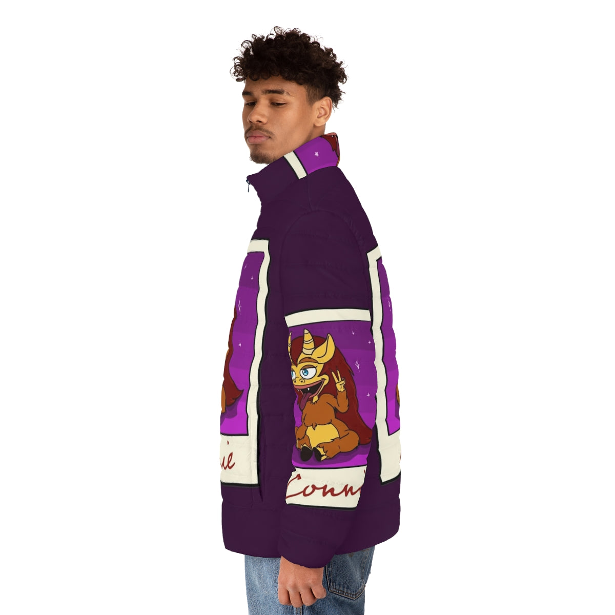 A cozy and stylish puffer jacket featuring Connie the Hormone Monster from the Netflix series Big Mouth. - men side left