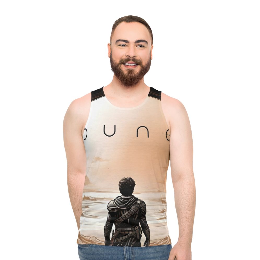 Dune Unisex Tank Top featuring the iconic desert landscape and imagery from the sci-fi classic - men