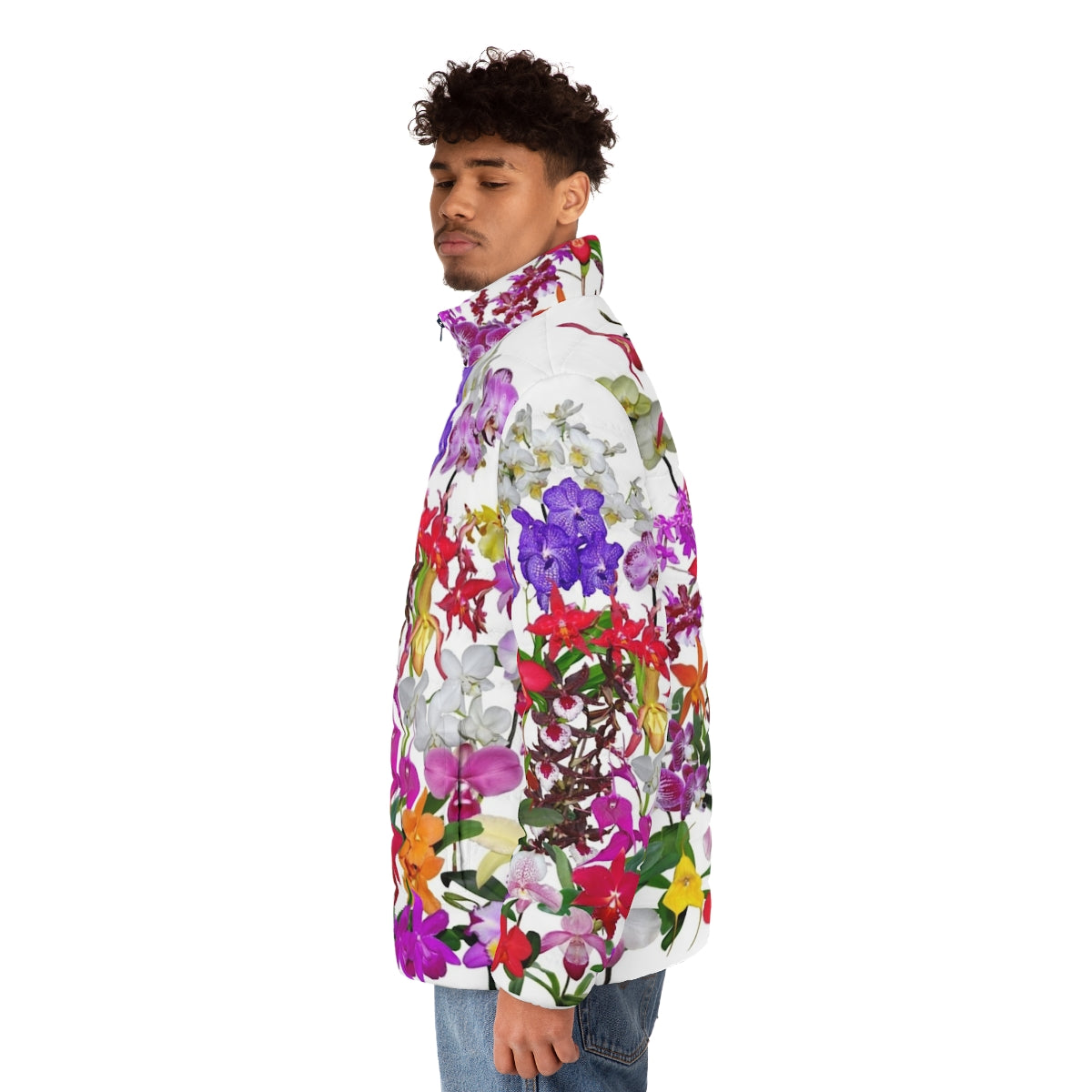 Orchid puffer jacket featuring vibrant orchid flowers in a digital photography design - men side left