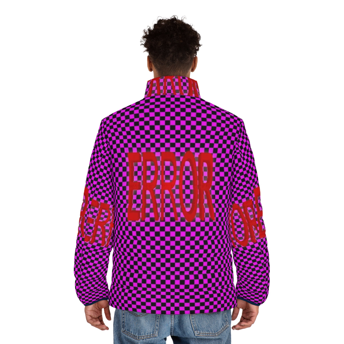 Glitched puffer jacket with error missing texture design, perfect for video game fans - men back