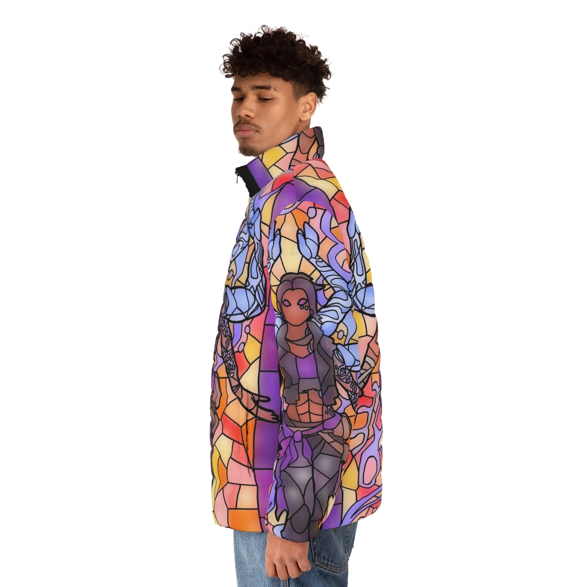 Amara from Borderlands wearing a stylish puffer jacket with a stained glass design - men side left