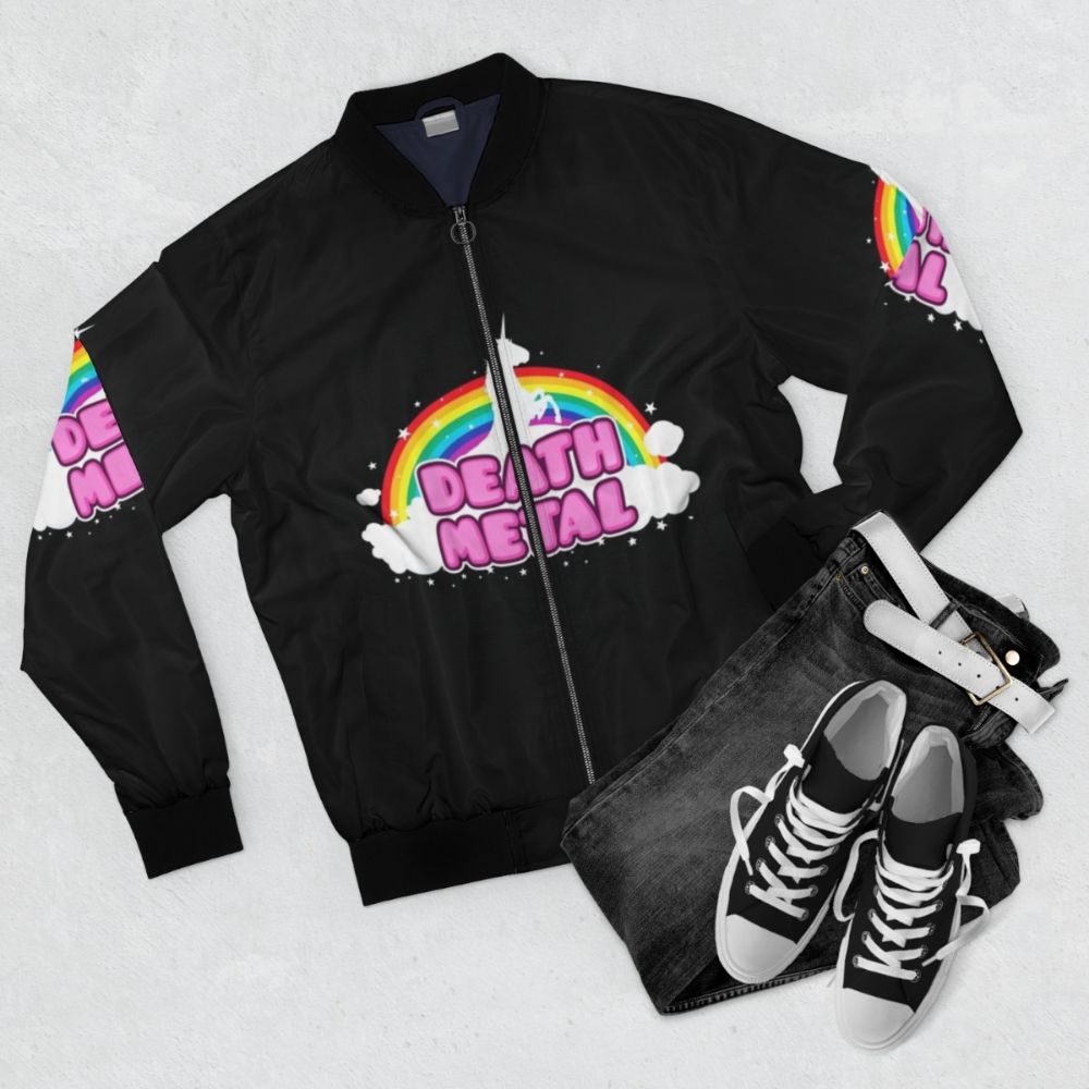 A colorful bomber jacket featuring a metal unicorn parody design for music fans. - Flat lay