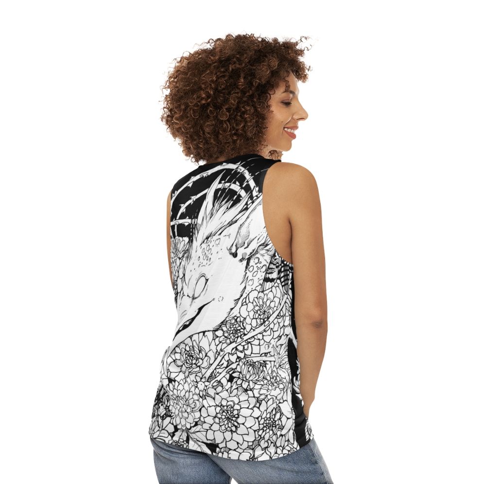 Chupacabra Unisex Tank Top with Floral Design - women back