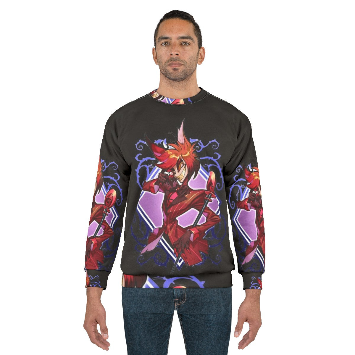 Hazbin Hotel Alastor Sweatshirt featuring chibi-style illustrations of the character - men