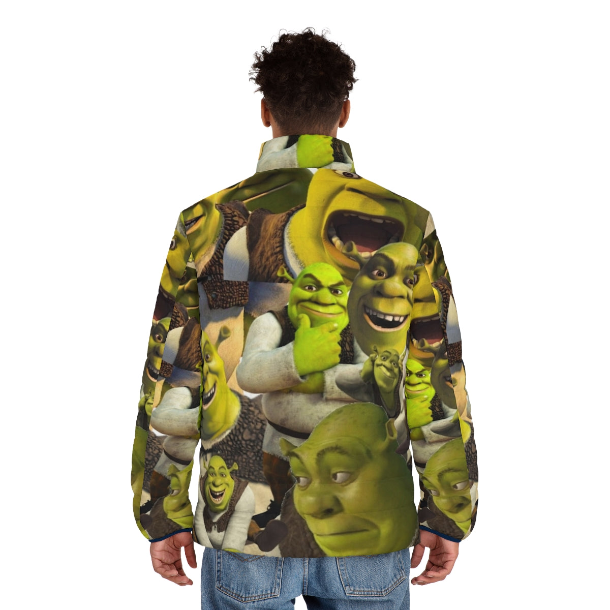 A vibrant green puffer jacket featuring the beloved character Shrek, perfect for fans of the popular culture phenomenon. - men back