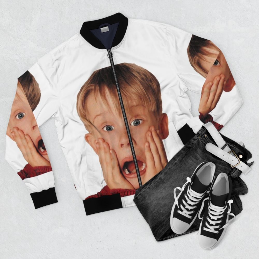 Macauly Culkin from the movie "Home Alone" wearing a bomber jacket - Flat lay