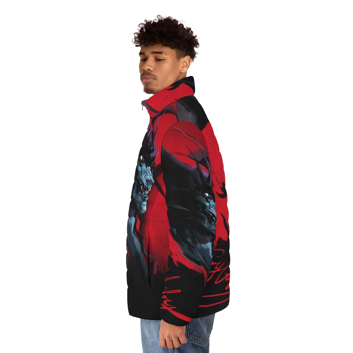 Devilman Crybaby inspired puffer jacket with demon design - men side left