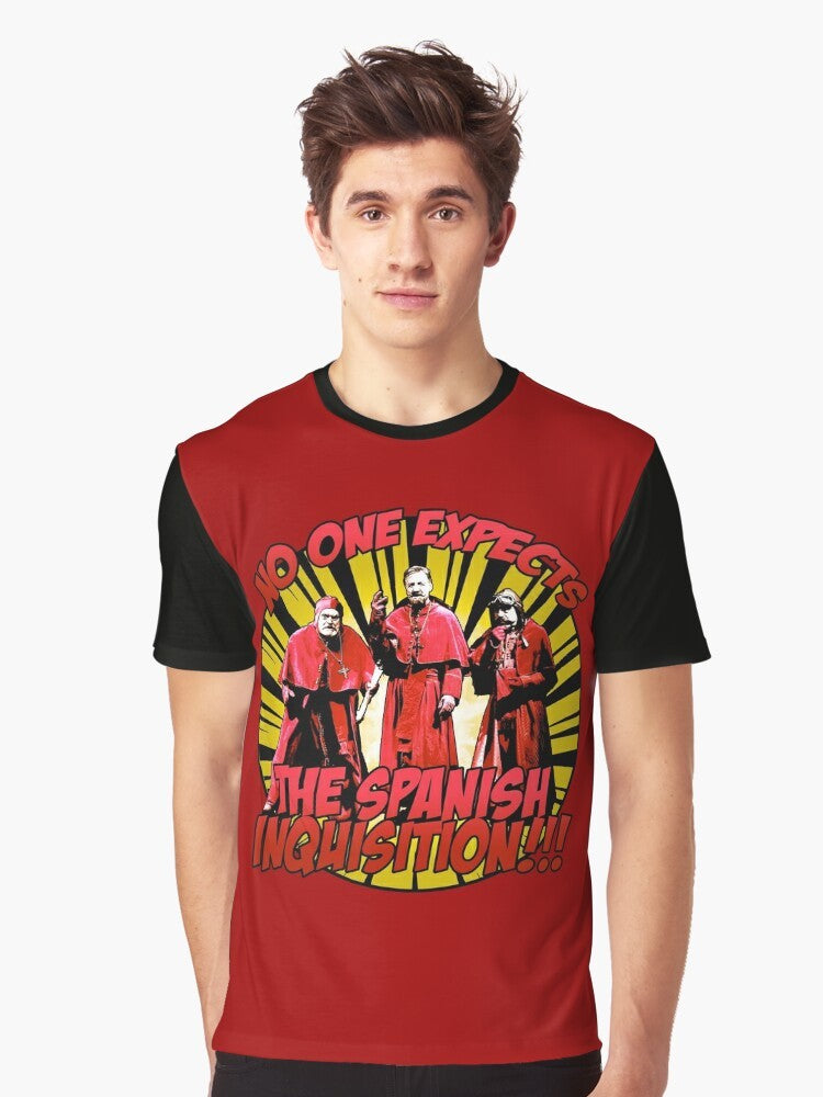 Graphic t-shirt featuring "No One Expects the Spanish Inquisition" design, a popular Monty Python comedy reference. - Men