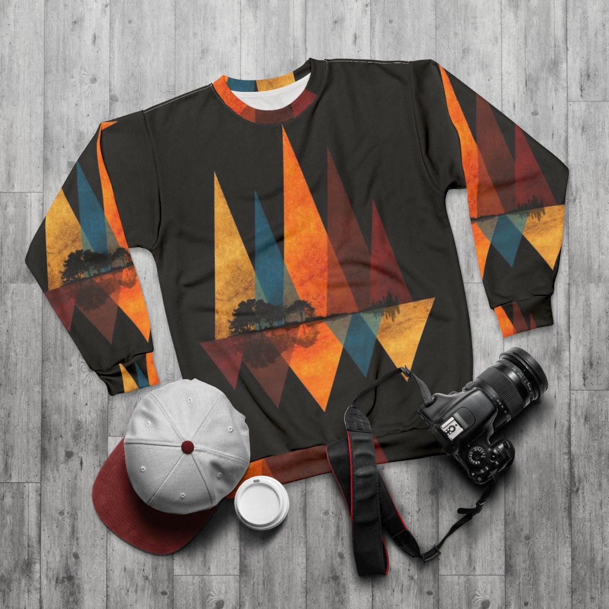 Nature Guitar Sweatshirt with Minimal Artistic Landscape Design - flat lay