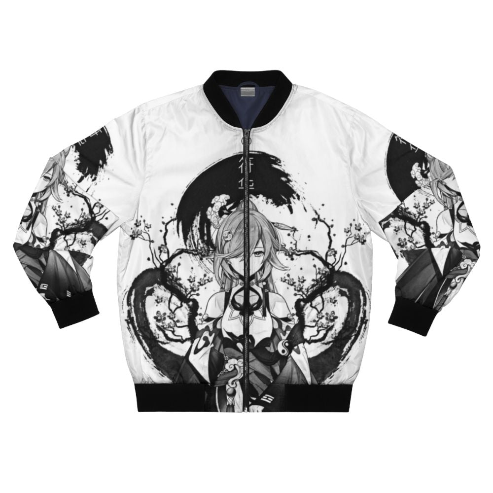 Monochrome bomber jacket with fantasy and anime-inspired designs, including elements from Honkai Impact and Genshin Impact.