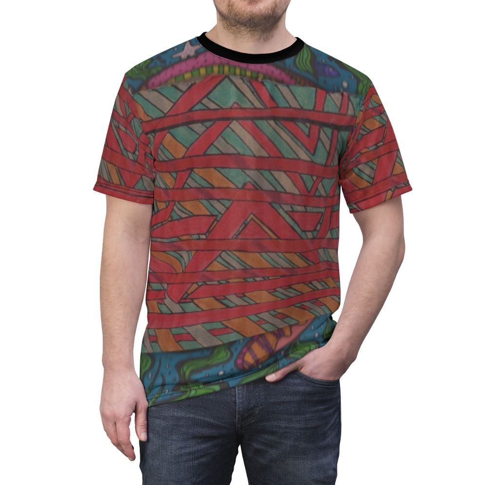 Colorful abstract design t-shirt with experimental music and smooth jazz inspired elements - men front