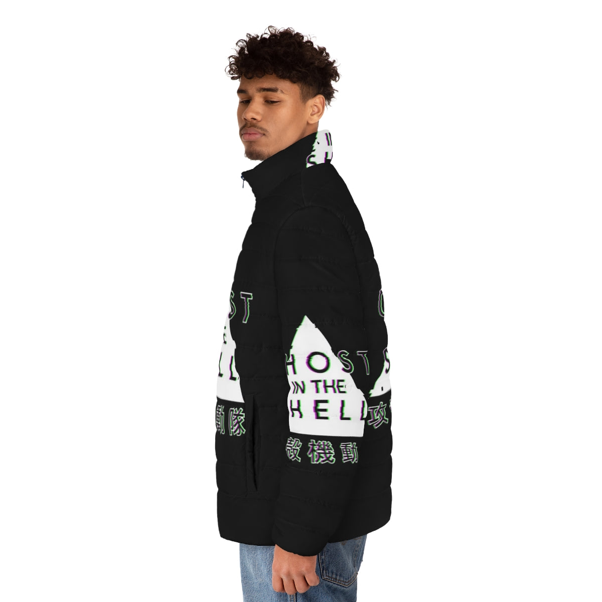 Ghost in the Shell cyberpunk glitch puffer jacket - men side left