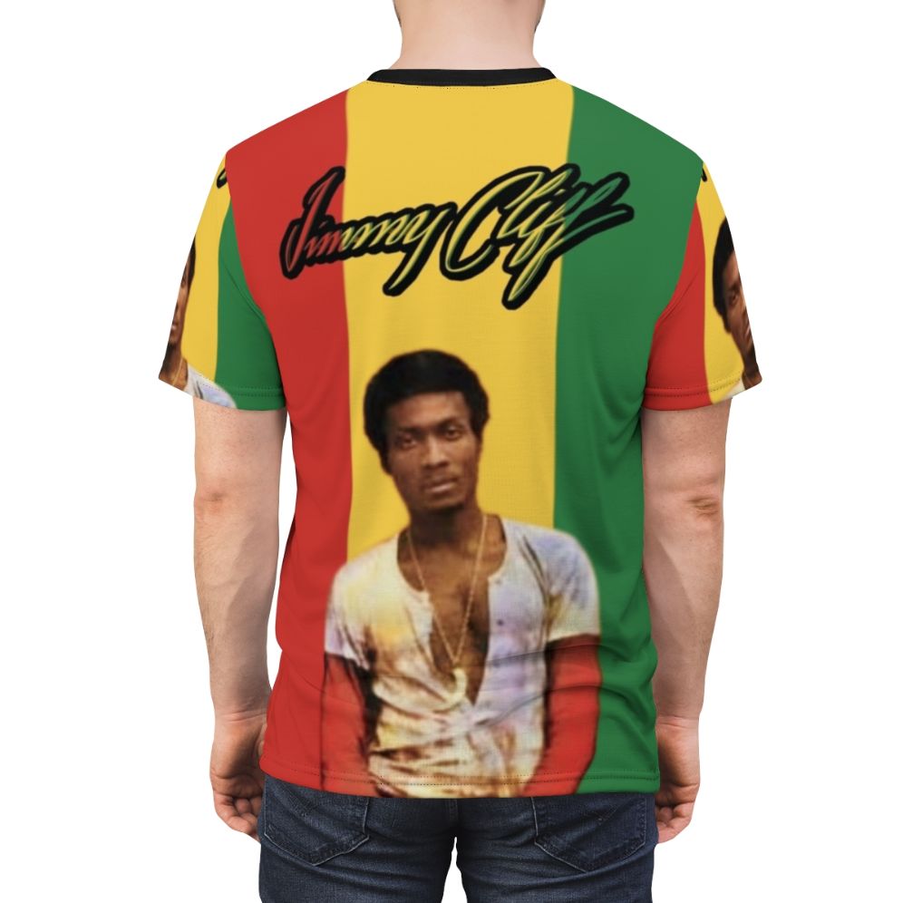 Jimmy Cliff inspired graphic t-shirt with reggae and rastafarian design - men back