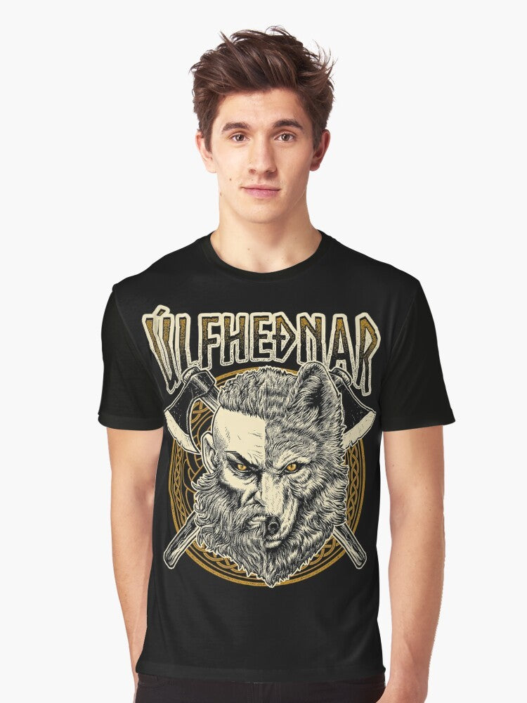 Graphic t-shirt featuring a viking ulfhednar warrior with norse pagan runes and symbols. - Men