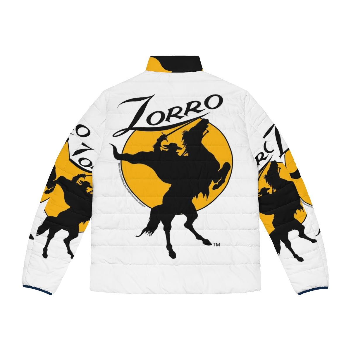 A zorro horse rider silhouette puffer jacket in a dawn setting - Back