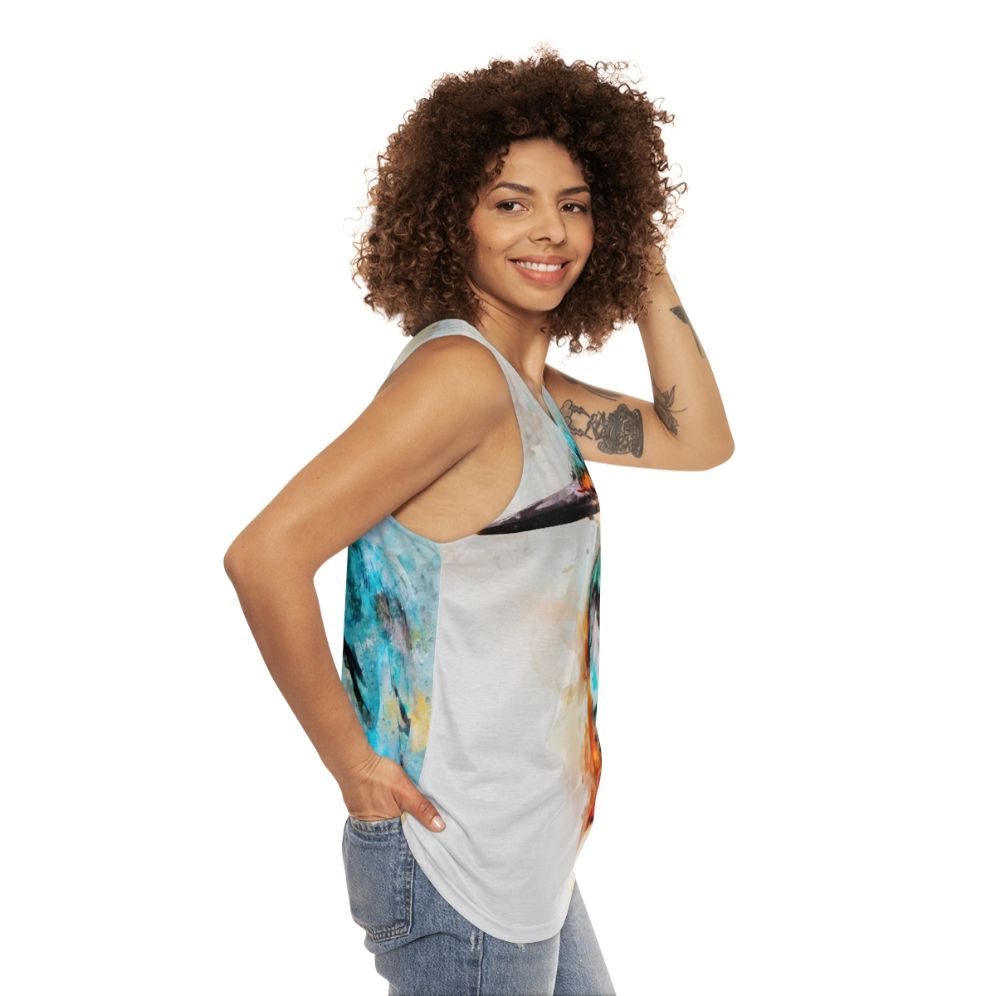 Unisex tank top with vibrant watercolor kingfisher design - women side