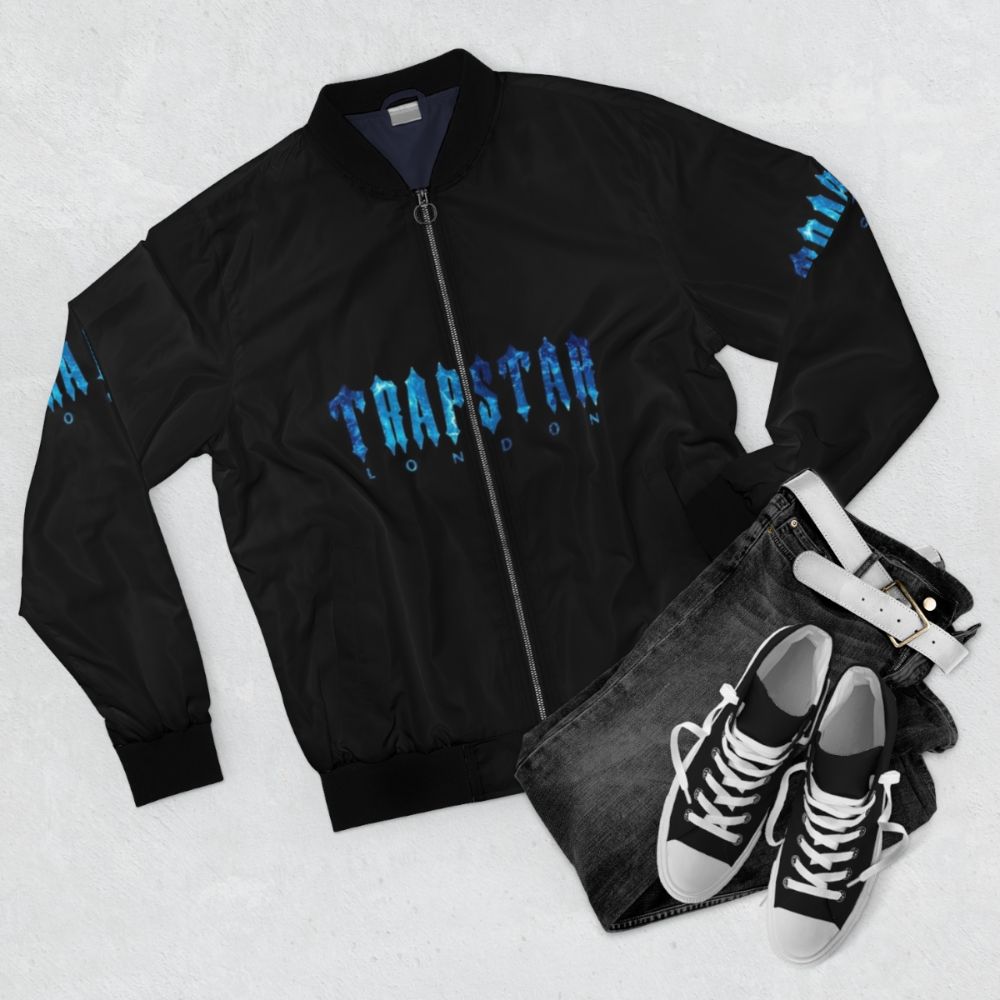 Stylish Trapstar Bomber Jacket in Black and Blue - Flat lay