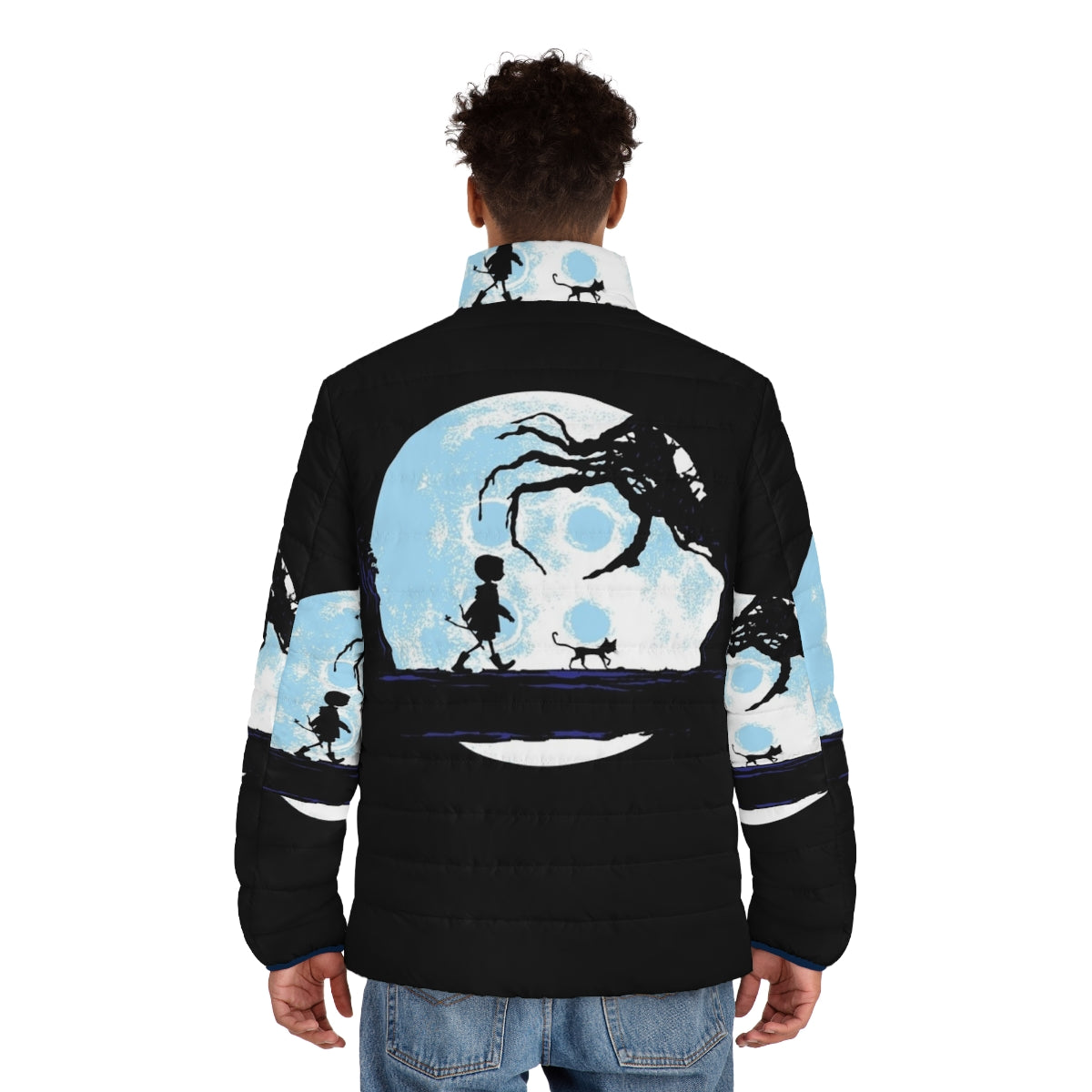 A stylish puffer jacket with a moon and astronaut design, perfect for space enthusiasts - men back