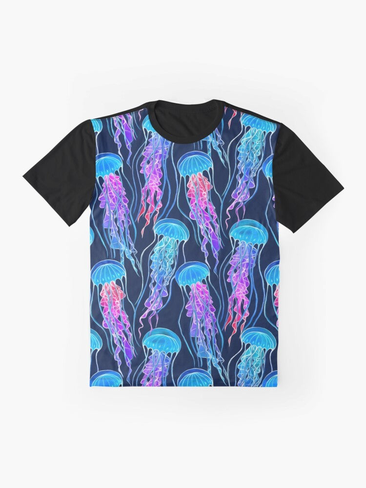 Glowing, bioluminescent jellyfish in a colorful, ombre pattern on a navy blue background - Flat lay