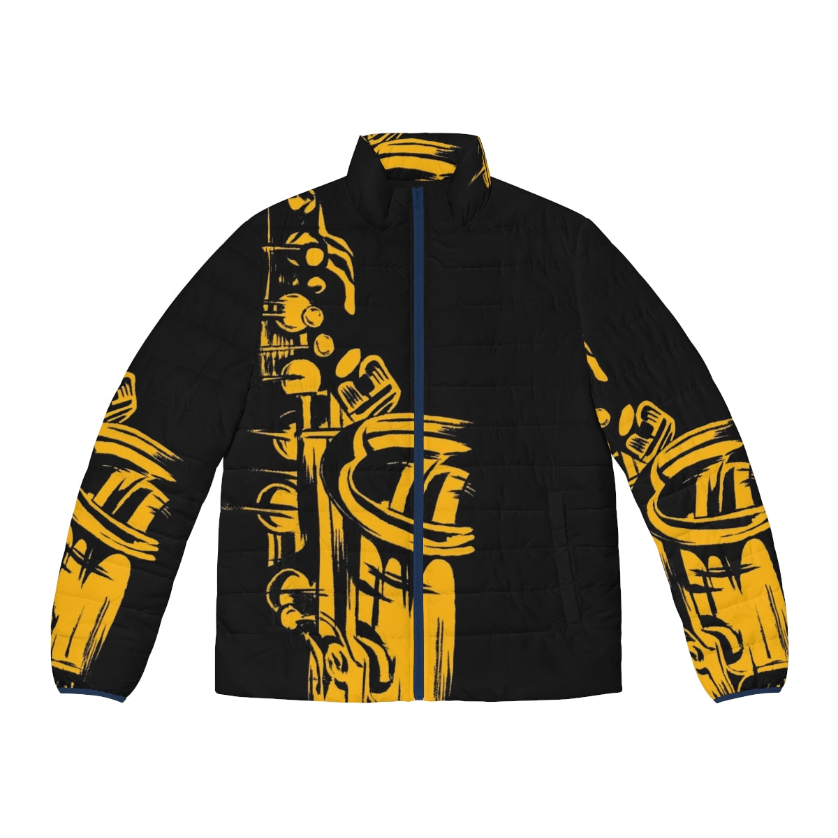 Saxophone Keywork Puffer Jacket featuring a silhouette of a saxophone player against a reflective, metallic background