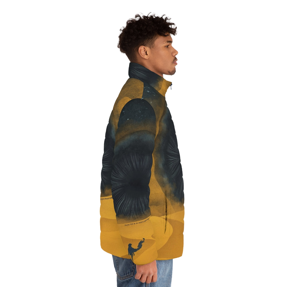 A yellow puffer jacket inspired by the Shai Hulud sand worms from the Dune movie - men side right