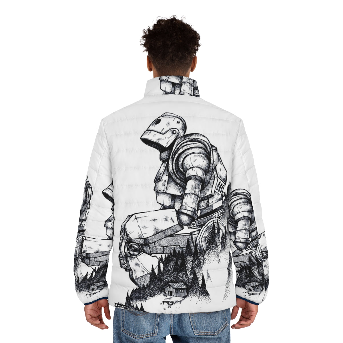 Iron Giant puffer jacket with a pointillistic design featuring the beloved robot hero in a forest setting - men back