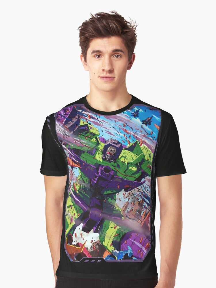 Retro Transformers Devastator graphic t-shirt design featuring Optimus Prime, Megatron, and other classic characters - Men