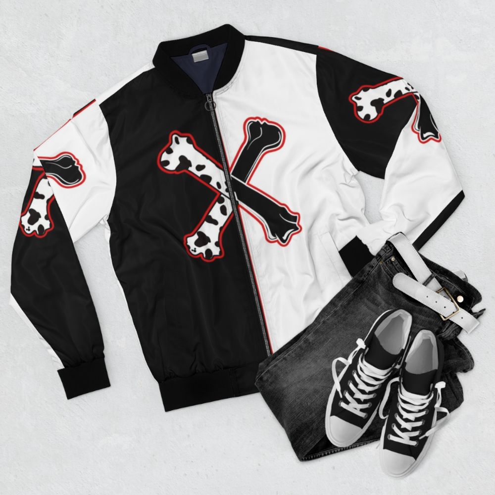 Dalmatian and cross bones patterned bomber jacket for Disney Descendants fans - Flat lay