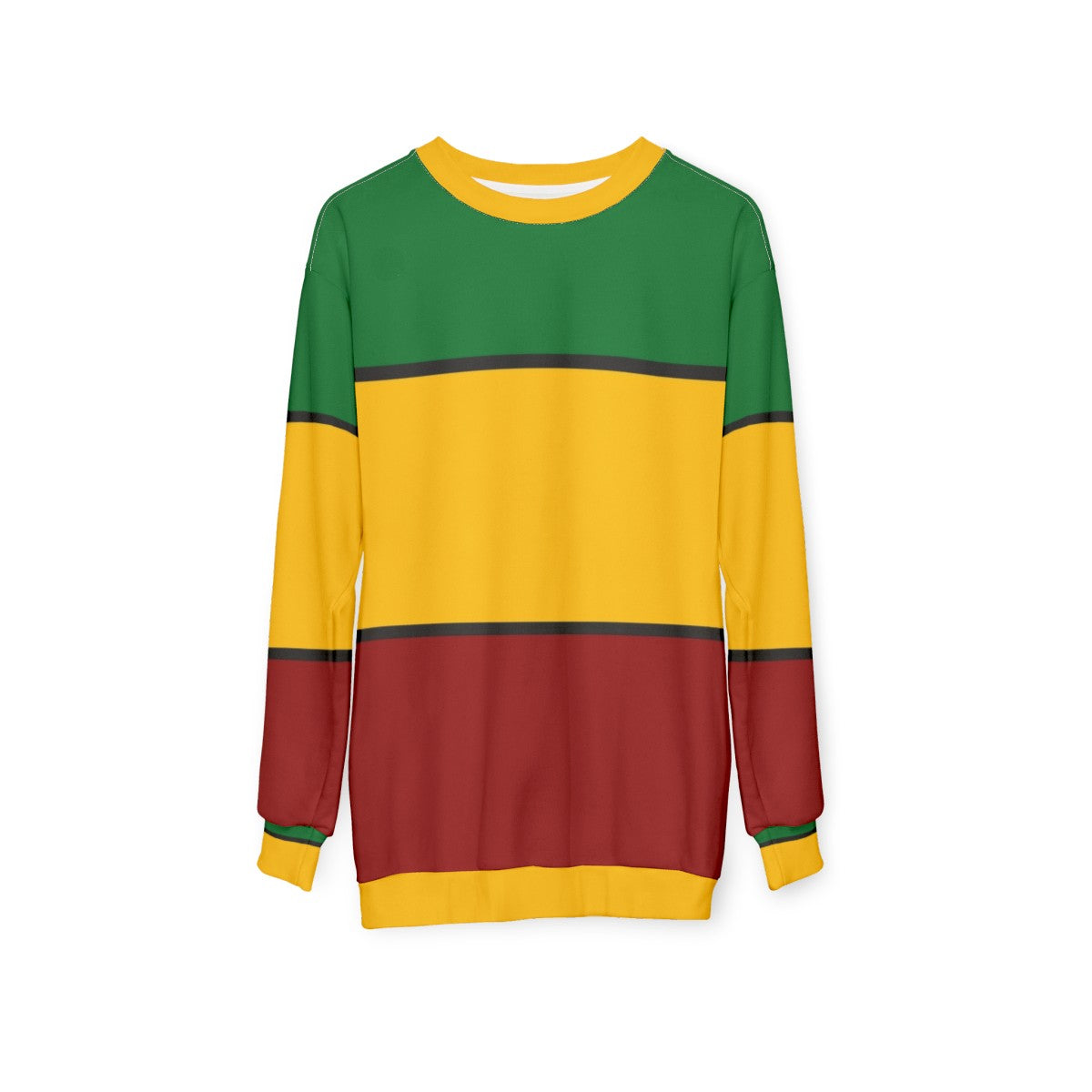 Rasta stripes sweatshirt featuring vibrant red, gold, and green colors - hanging