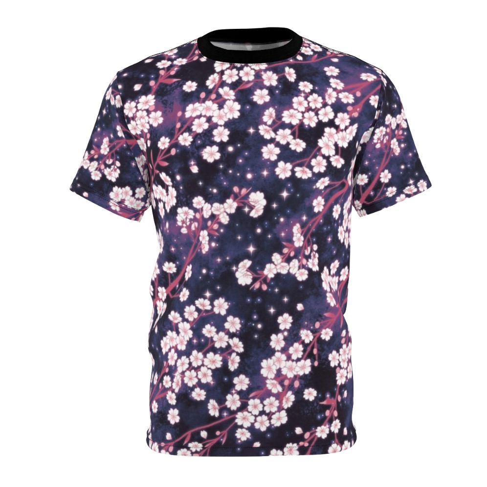 Vibrant t-shirt featuring a stunning sakura galaxy pattern with shimmering stars and petals.