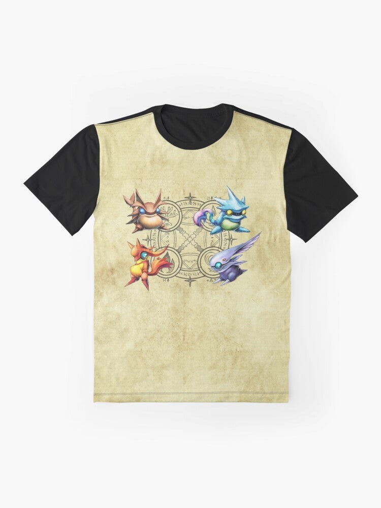 Golden Sun Djinn video game character graphic design on a t-shirt. - Flat lay