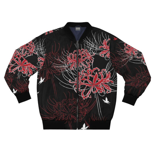 Vintage-style bomber jacket featuring a spider lily and butterfly floral design in red, black, and white on a nature-inspired Japanese-style pattern.