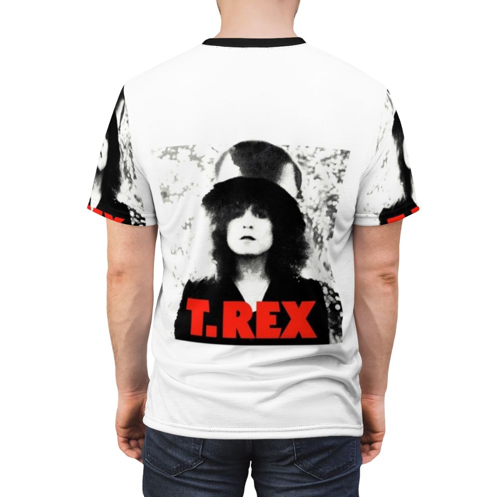 Retro psychedelic t-rex graphic t-shirt with a vintage vinyl, glam rock, and 70s music inspired design - men back