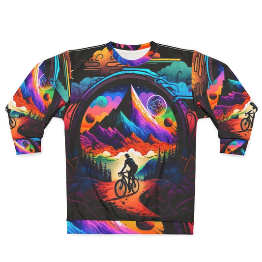 Psychedelic art sweatshirt featuring trippy, colorful design inspired by 1943 Bicycle Day