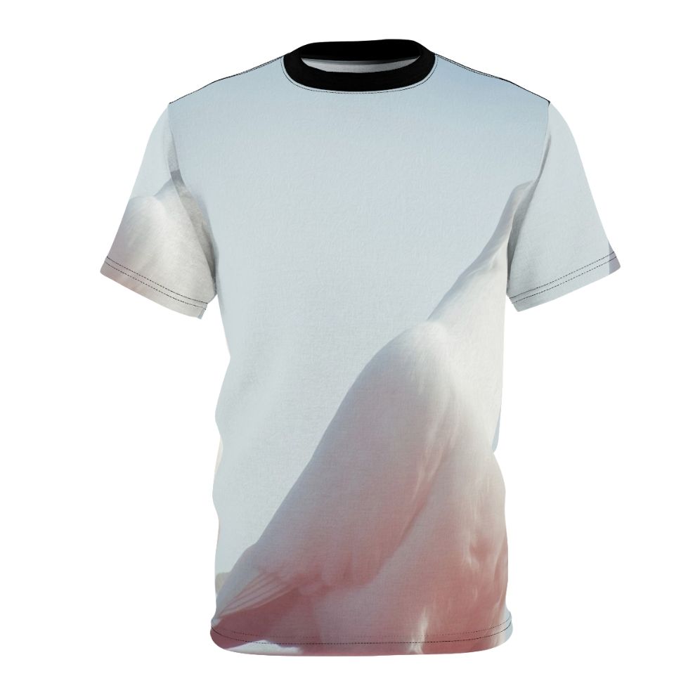 Elegant white dove bird graphic on a high-quality t-shirt for nature and animal enthusiasts.