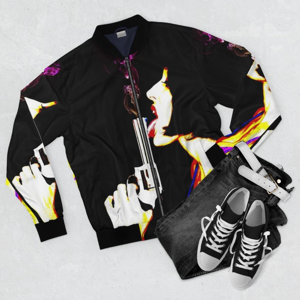 Retro College Bomber Jacket with Vintage Funny Design - Flat lay