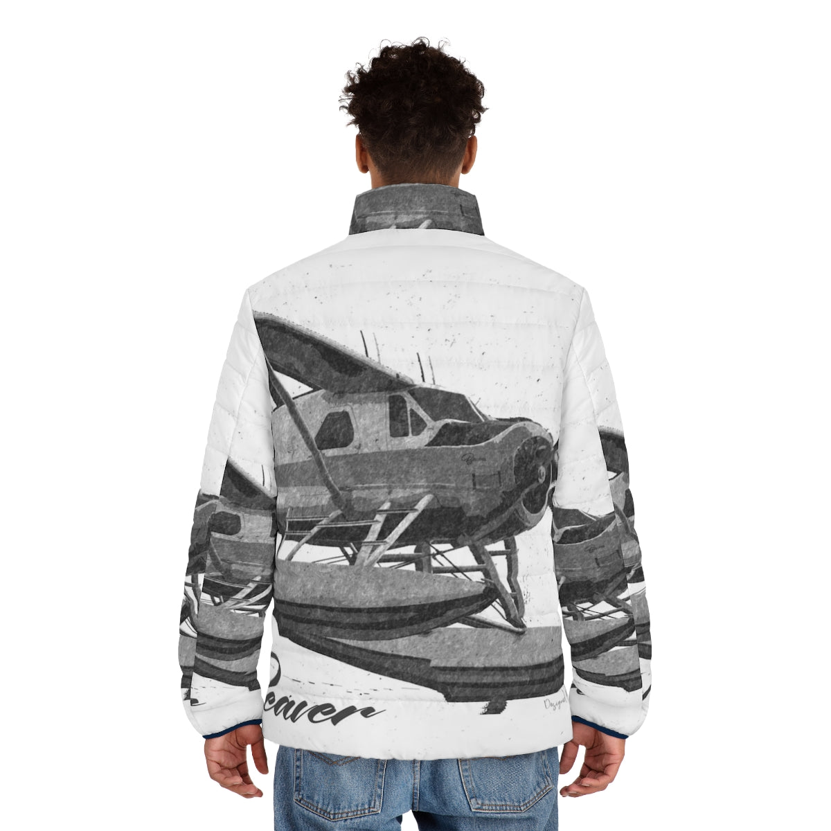 Dehavilland DHC-2 Beaver floatplane sketch printed on a puffer jacket - men back