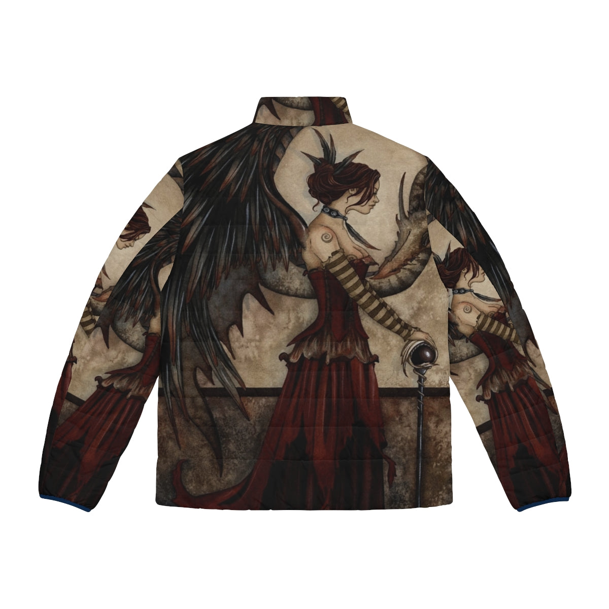 A dark and mystical puffer jacket featuring a dragon design in a fantasy art style - Back