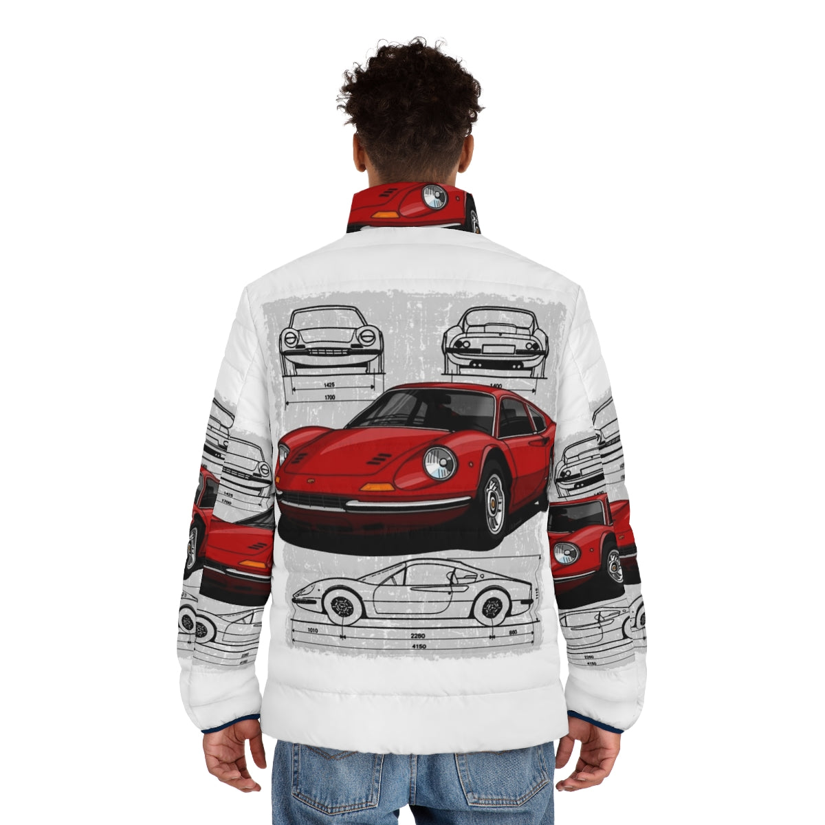 Illustration of a Ferrari Dino 206/246 GTB/GTS sports car printed on a puffer jacket - men back