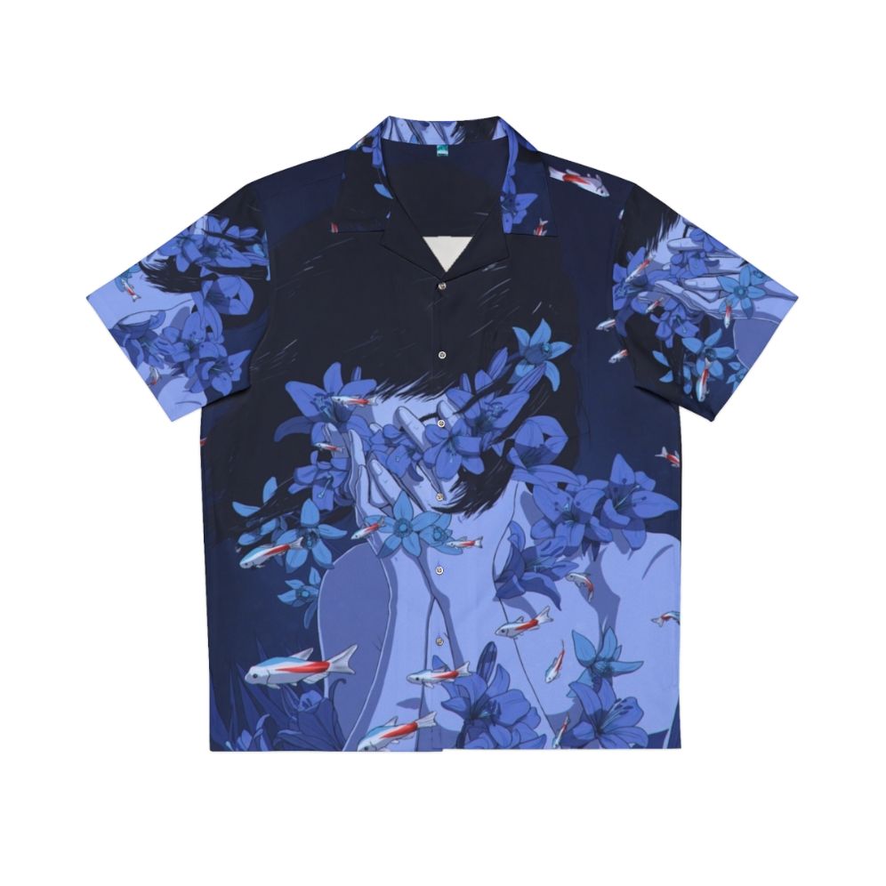 Retro blue Hawaiian shirt with anime-inspired cartoon design