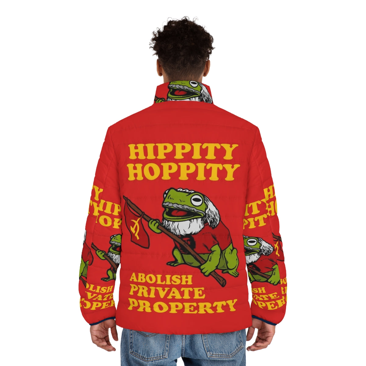 Hippity Hoppity Abolish Private Property Puffer Jacket featuring communist and socialist memes, hammer and sickle, and Che Guevara - men back