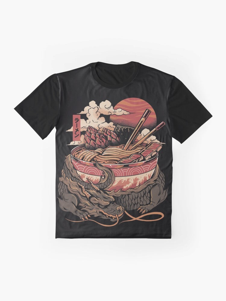 A graphic t-shirt featuring a dragon-inspired ramen bowl design, with Japanese kanji and a fiery, mythical creature. - Flat lay