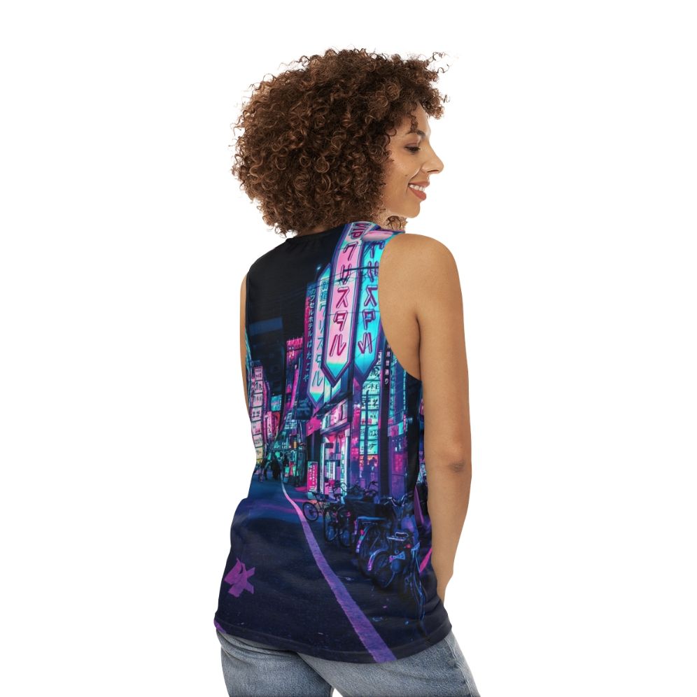 Futuristic neon unisex tank top with Japanese streetwear design - women back