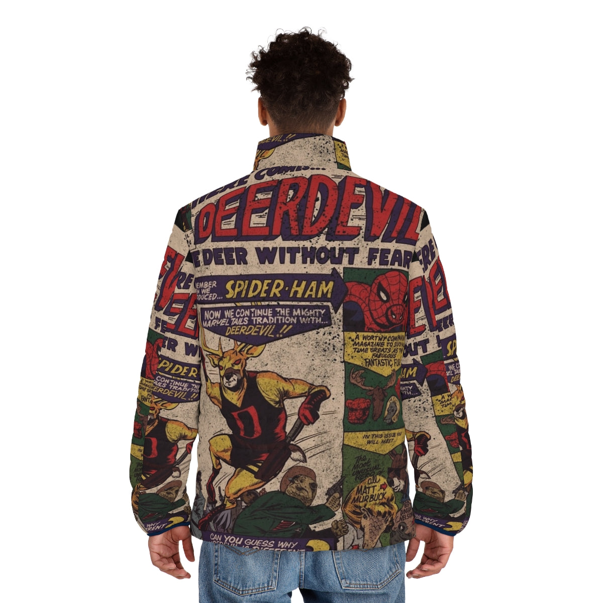 Deerdevil puffer jacket with superhero comic book inspired design - men back