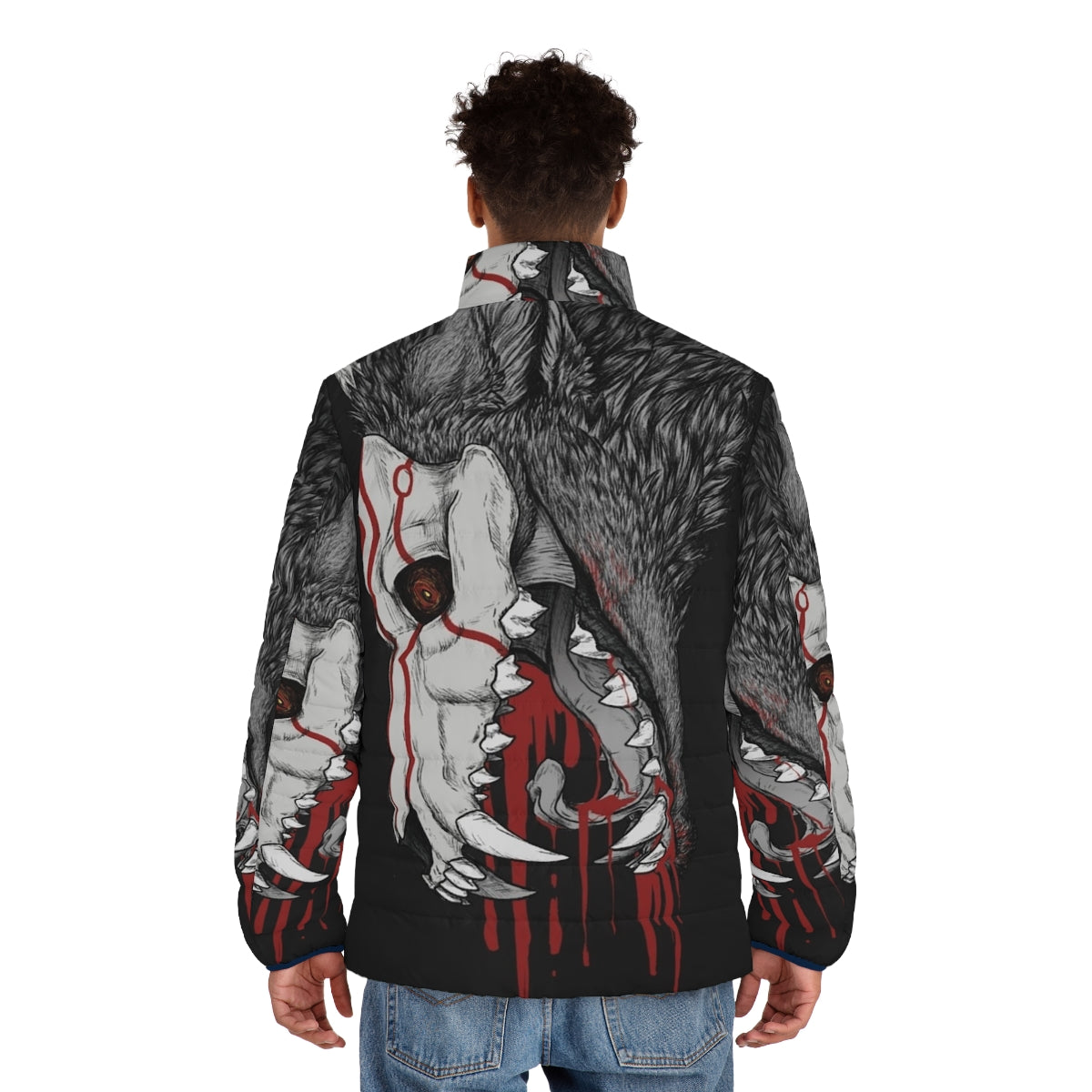 A black puffer jacket featuring horror elements like wolves, fangs, and blood for anime and horror enthusiasts. - men back